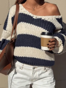 FOR BEAUTY Fall Winter Women Sweaters Y2K Elegant Chic Striped Off Shoulder Chunky Knit Oversized Sweater Tops Casual Party Going Out Outfits - Dark Blue and White - View 3