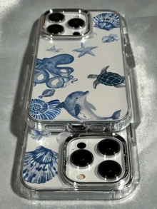 1件透明水彩章魚與海豚個性化極簡全包覆TPU防震手機殼，適用於Apple 18 17 16 15 14 13 12 11 Pro Max Air - 彩色 - 查看 3