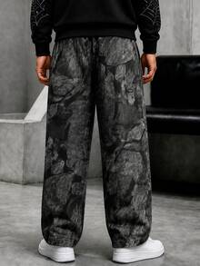 Krometka Men's High Street Ink Wash Rock Print Drawstring Wide Leg Pants, American Vintage Distressed Loose Straight Leg Casual Long Pants - Black - View 5