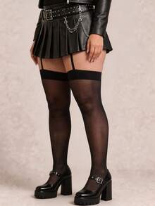 Women's Garter Style Pantyhose, Black Sheer Tights With Suspender Effect, Gothic Fashion Stockings - Black - View 3