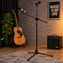 Adjustable Microphone Stand With Dual Mic Clips And Carry Bag, Portable Tripod Floor Stand For Studio Recording, Live Performance And Karaoke - Black - View 5