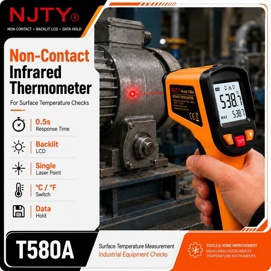 مسدس قياس الحرارة بالأشعة تحت الحمراء NJTY T580A، نسبة المسافة إلى الحجم 12:1، انبعاثية قابلة للتعديل، نطاق درجة حرارة واسع من -50℃ إلى 580℃، شاشة LCD بإضاءة خلفية، قابل للتبديل بين ℃/℉، مقياس حرارة بدون تلامس، مناسب للطهي والفرن والشواء والثلاجة ومحرك السيارة والخبز وتخزين الطعام واختبار الآلات الصناعية - متعدد الألوان - مشاهدة 1