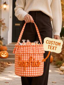 Tas Permen Halloween dengan Nama Kustom, Ember Permen Halloween Motif Kotak-kotak yang Dipersonalisasi dengan Pegangan, Suvenir Pesta , Hadiah Halloween - MultiWarna - View 4