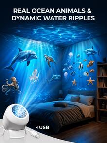 Dynamic Ocean Projection Night Light, LED Decorative Projection Lamp, 360° Rotating Table Lamp, Multi-Angle Projection Light, USB Powered, Indoor Space, Ocean Projection Light, Static/Dynamic Mode, For Bedroom, Game Room, Stage, Photography Scene Decorative Lighting, Easter, Ramadan, Birthday Gift, Halloween, Christmas Gift - Ocean Lights - View 2