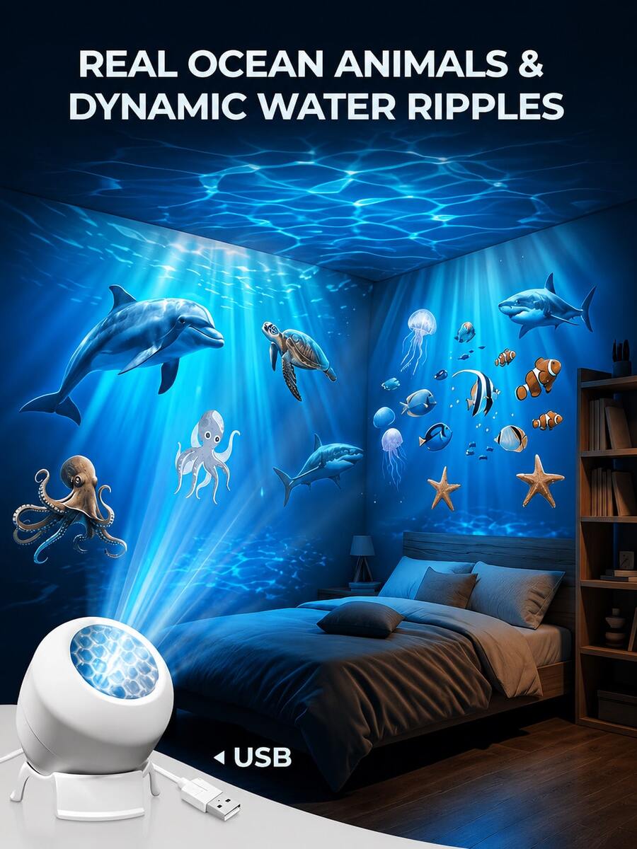 Dynamic Ocean Projection Night Light, LED Decorative Projection Lamp, 360° Rotating Table Lamp, Multi-Angle Projection Light, USB Powered, Indoor Space, Ocean Projection Light, Static/Dynamic Mode, For Bedroom, Game Room, Stage, Photography Scene Decorative Lighting, Easter, Ramadan, Birthday Gift, Halloween, Christmas Gift