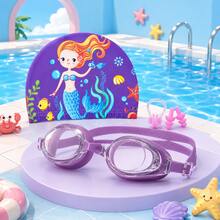 Children's Swim Goggles & Swim Cap Set, Large Frame Clear Lens, Adjustable Double Strap, Cartoon Fabric Swim Cap, With Nose Clip And Earplugs, Swimming Practice & Water Play Gear For Boys And Girls - Purple - View 1