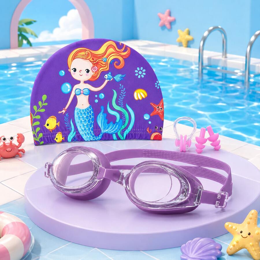 Children's Swim Goggles & Swim Cap Set, Large Frame Clear Lens, Adjustable Double Strap, Cartoon Fabric Swim Cap, With Nose Clip And Earplugs, Swimming Practice & Water Play Gear For Boys And Girls - Purple - View 1
