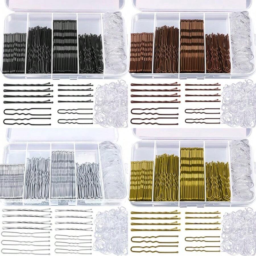 300pcs Hair Accessories Set: Includes Brown Hair Clips (U-Shaped And Straight Metal Hairpins) And Transparent Elastic Hair Ties, With Storage Box, Professional Tools For Creating Updo Hairstyles. - 300 Pcs - View 1