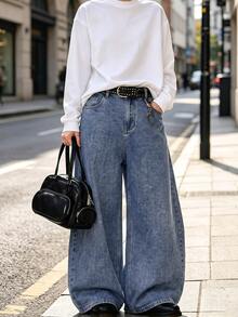 1 buah Celana Jeans Pria American Vintage Motif Kepingan Salju Biru Model Longgar Kaki Lebar Potongan Melengkung - Biru - View 6