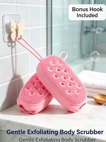 1Set Silicone Bath Brush With Hook, Suitable For Sensitive Skin, Suitable For All Skin Types,Made Of Soft Silicone Material, Silicone Bath Brush And Silicone Loofah 2-In-1 Bath And Hair Brush, Exfoliating Function, Essential Bathroom Care Item - Multi-color - View 2