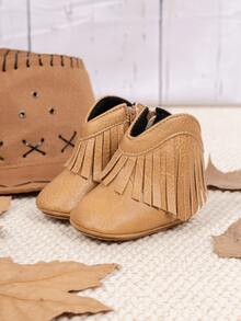 Infant Western Style Fringe Denim Ankle Boots, Side Zipper Easy On/Off Comfortable Soft Infant Boots - Khaki - View 4