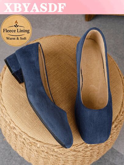 XBYASDF Scarpe da donna in camoscio blu con punta quadrata e tacco largo, fodera termica, scarpe da ufficio comode per il pendolarismo, tacco basso 3 cm, calde per autunno/inverno