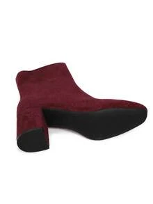 Women's Burgundy Solid Color Faux Suede Ankle Boots, Square Toe, Chunky Heel, Side Zipper, Date & Commute, Autumn/Winter - Burgundy - View 4