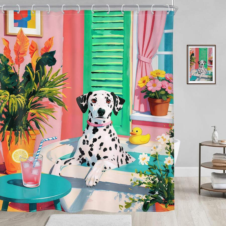 1pc Spotted Dog Summer Garden Shower Curtain, Colorful Animal Bathroom Divider - Suitable For Bathroom Decor, Easy To Clean Exquisite Home Decoration, Bathroom Partition Curtain, Decorative Shower Curtain, Bathroom Accessories Home Decor Gift - Includes 12 Hooks - Multicolor - View 1