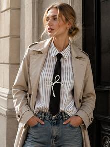 Solid Color Pearl Accessory Hand-Made Narrow Casual Fashion Personalized Tie Scarf - Black - View 3