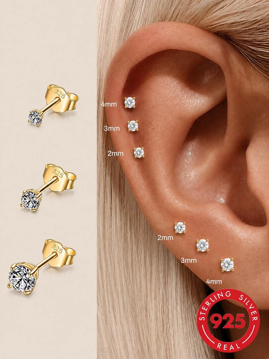 3pcs/Set 925 Sterling Silver Women's Stud Earrings, Suitable For Sensitive Ears, Cubic Zirconia Cartilage Piercing Earring Set, 2-4mm - Style 1 - View 1