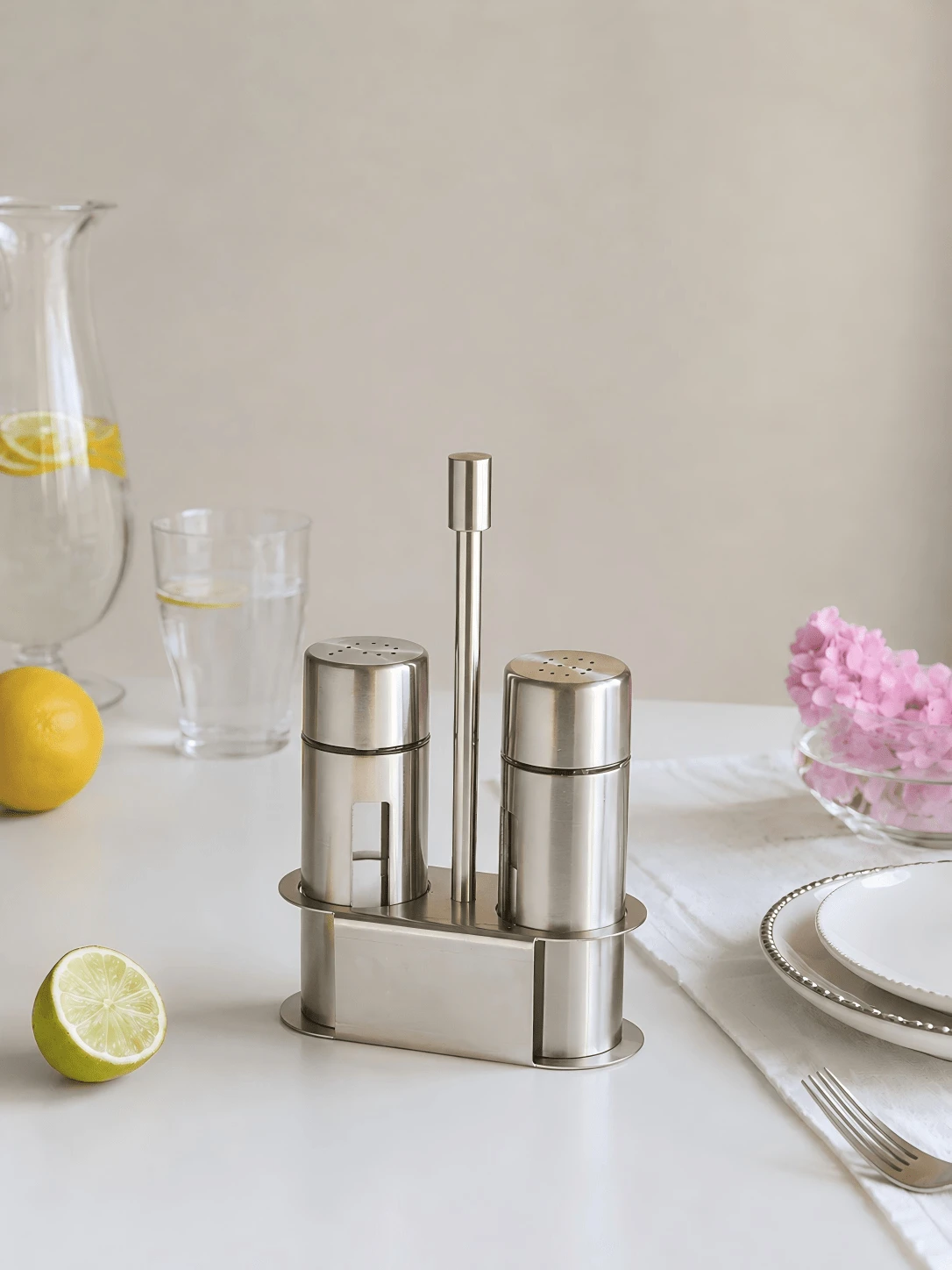 2 Buah Set Wadah Bumbu Stainless Steel dengan Rak, Dispenser Bumbu Garam & Merica Isi Ulang untuk Dapur, Meja Makan, BBQ, Pesta, Hari Nasional Saudi - Perak - View 1