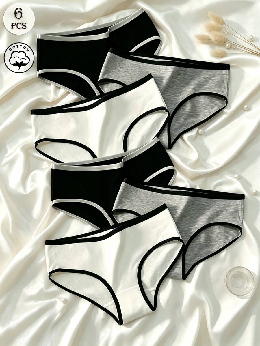 6pcs Women's Colorful Sports Minimalist Style Underwear, Mid Rise Black White Gray Triangle Panties - Black - View 1