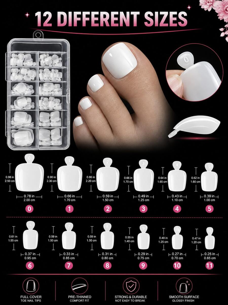 120pcs Bright White Wearable Toenail Tips, 12 Sizes/Box, Full Coverage Short Square Acrylic Artificial Toenails, Suitable For Women And Girls Nail Stickers, Applicable For Various Occasions, White Manicure, Nail Care Products