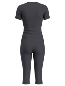Women's Casual Round Neck Short Sleeve Solid Color T-Shirt And 3/4 Length Pants 2 Pieces Set Summer Yellow Outfit Elegant - Dark Grey - View 5