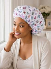Women's Colorful Butterfly Print Satin Shower Cap, Elastic Reusable Waterproof Bath Cap, Soft Hair Protection Cap, Bathroom Sleep Hair Accessory - A - View 5