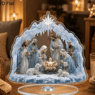 2D Flat Single Piece Ice Cave Christmas Nativity Scene Rotating Acrylic Decorative Plaque, Blue Ice Cave Christmas Nativity Scene Holy Family Christmas Desktop Sign, Christian Christmas Indoor Desktop Religious Holiday Decoration Gift