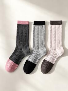 1/5/10 Pairs Autumn/Winter Twisted Pattern Contrast Color Tube Socks, Simple Knitted Socks, Antibacterial, Moisture-Wicking, Breathable And Comfortable, Suitable For Sports, Home, Casual, Commuting, Campus - Multicolor - View 3