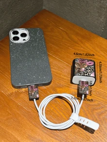 4件組豹紋唇形拼接圖案充電器保護殼與數據線收納配件組－20W/18W充電器適配器、適配器頭套，相容於Apple 11/12/13/14/15/16/13promax/16promax/17promax/15promax - 黑色 - 查看 2