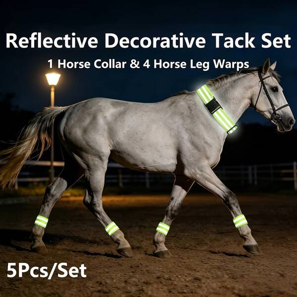 5-Piece Glow-In-The-Dark Equestrian Equipment Set - Includes 1 Reflective Horse Halter And 4 Horse Leg Bandages, Suitable For Night Riding And Performance, Eye-Catching Horse Accessories, Fit For Large Horses, Small Horses, Ponies And Mini Horses, Pet Supplies, Horse Supplies, Horse