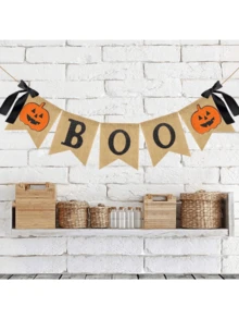 1set Of Halloween Linen Decorative Banners Featuring "BOO" And Pumpkin Designs-Perfect For Halloween Decor, Party Setups, Festive Displays, And Creating A Holiday Atmosphere. Ideal For Halloween Decorations, Home Styling, And Themed Parties. - Multicolor - View 9