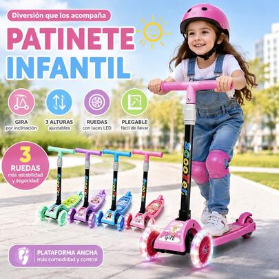 Patinete Infantil de 3 Ruedas con Luces LED para Niños y Niñas, Scooter Plegable Ajustable en Altura, Diseño de Dirección por Inclinación, Plataforma Ancha Antideslizante, Patín Estable para Exterior, Juego y Regalo Infantil