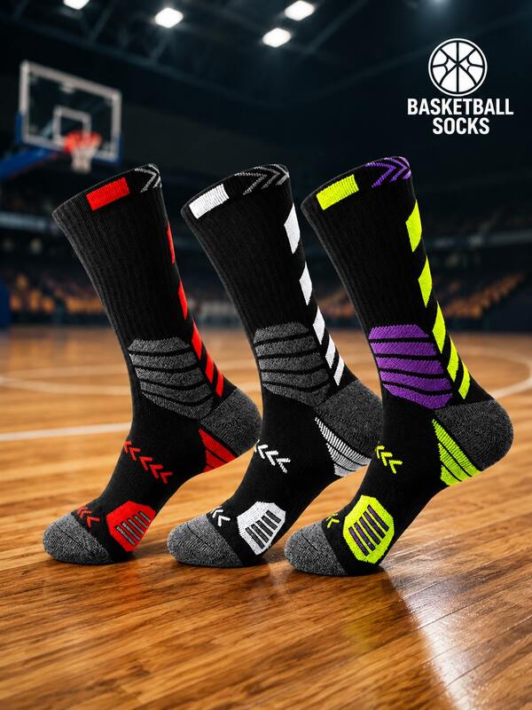 3 Pairs Men's Contrast Color Basketball Mid-Calf Socks, Cushioned Shock-Absorbing Breathable Training Sports Fitness Socks
