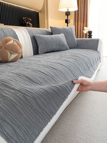 1pc Wavy Pleated Sofa Cover With White Faux Fur Trim, Soft Warm Velvet Sofa Slipcover, Solid Color Minimalist All-Season Furniture Protector, Suitable For Modern Living Room - Grey - View 8