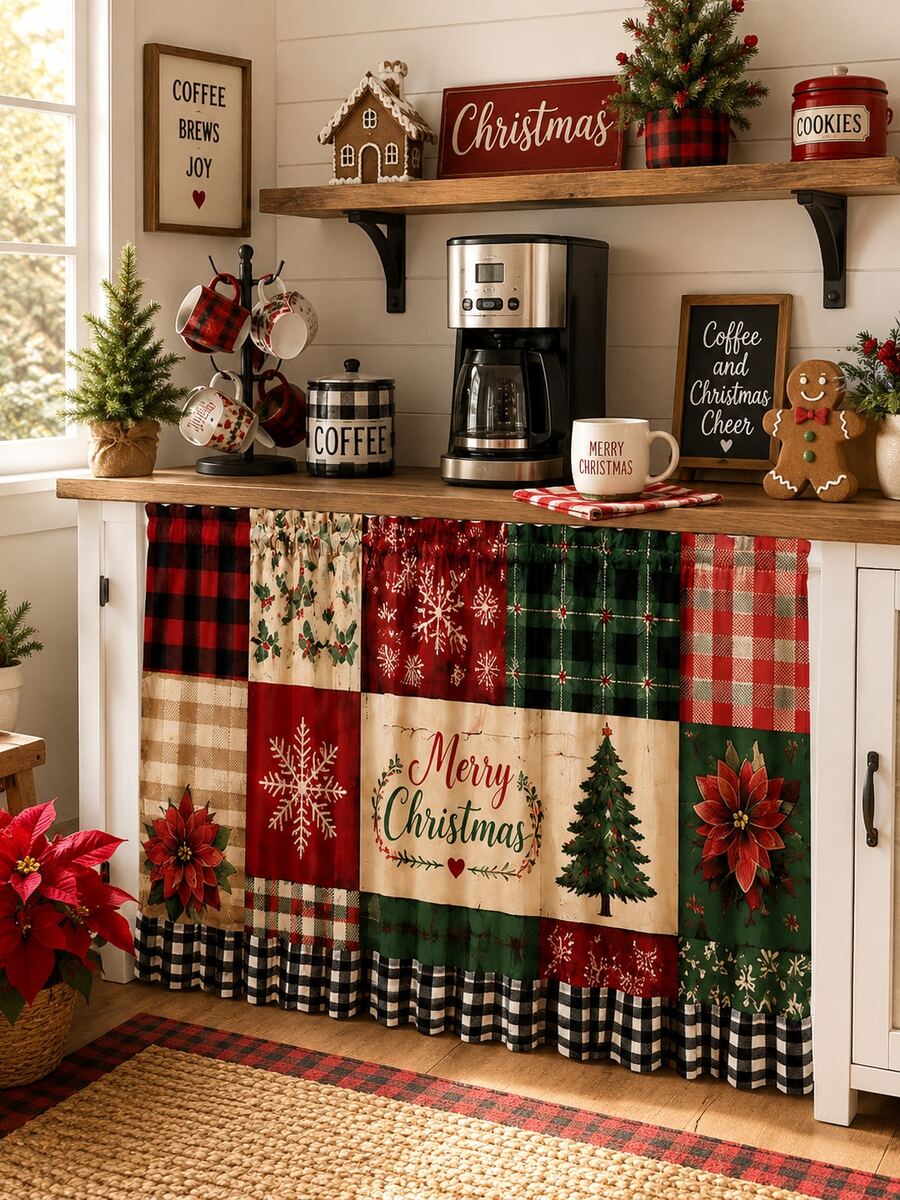 1pc Red Green Christmas Patchwork Cabinet Curtain, Farmhouse Polyester Rectangular Under Sink Skirt With Buffalo Plaid Ruffle Hem, Decorative Kitchen Cover Panel For Christmas Decorations For Home, Home Decor, Kitchen Essentials - Multicolor - View 1