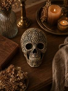 1pc Resin Skull Floral Human Skull Model, Adult Skull Skeleton Model, Day Of The Dead Decoration, Vintage Style Home Desktop Ornament, Horror Party Prop, Unique Collectible Model Gift - 1PC - View 4
