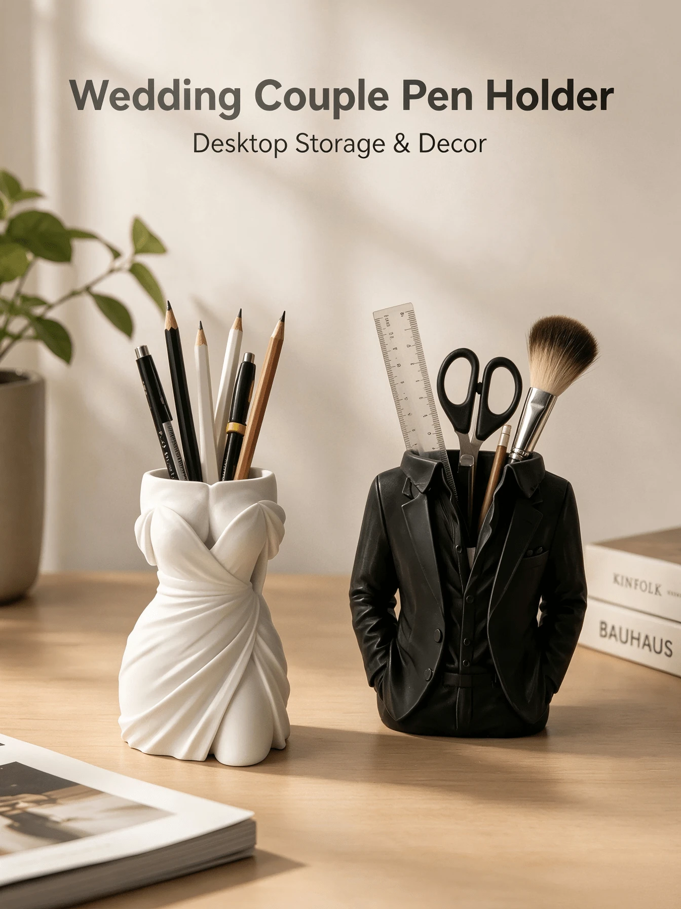 1pc Wedding Couple Design Pen Holder, Multifunctional Desktop Storage Organizer, Home Office Decor Ornament, Wedding Gift, Makeup Brush Holder, Room Decoration, Cosmetic Storage, Vanity Accessories - Multicolor - View 1