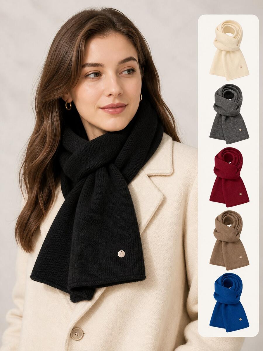 Women's Solid Color Ribbed Scarf With Metal N Decoration, Winter Neck Warmer, Casual Daily Accessory - Scarf - View 1