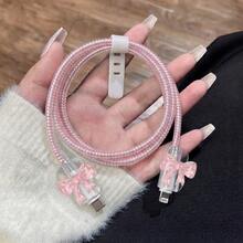 1 Set 3D Bow Data Cable Protector Compatible With Apple 18W/20W, Crystal Bow Data Cable Protector Set, Portable Digital Accessory, Holiday Gift, Cute Korean Style For Girlfriend And Best Friend - Pink Crystal Bow - View 3