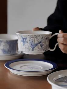 1 Set Chinese Blue And White Ceramic Coffee Cup And Saucer, Premium Ceramic Dinnerware, Breakfast Cup, Dessert Plate, Pasta Plate, Suitable For Home, Restaurant, Cafe, Gift, Party, Office - Blue - View 8