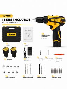 Parafusadeira Elétrica Sem Fio MTG 15V, 2 Velocidades Ajustáveis, Torque Máximo 18N.m, Kit Completo com 2 Baterias Li-ion, Maleta de Ferramentas, Brocas, Soquetes e Eixo Flexível para Montagem e Reparos Domésticos - Amarelo - Visão 3