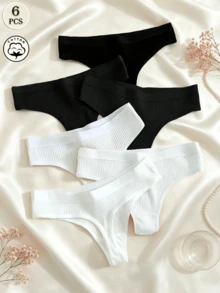 6件組女款羅紋丁字褲，鬆身版型配彈性腰帶，適合搭配緊身衣、日常穿著與居家內衣套裝 - 彩色 - 查看 1
