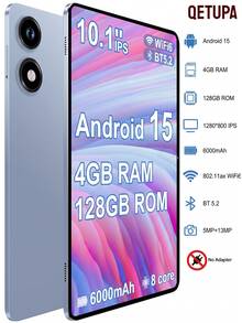 Qetupa 10.1 Inch Android 15 Tablet, 4GB RAM+128GB ROM, Quad-Core 1.3GHz Processor, 1280*800 HD IPS Touchscreen, BT5.2, WiFi5 802.11ac, GPS, 5MP Front Camera And 13MP Rear Camera, 6000mAh Battery, Power Adapter Not Included - Blue - View 1