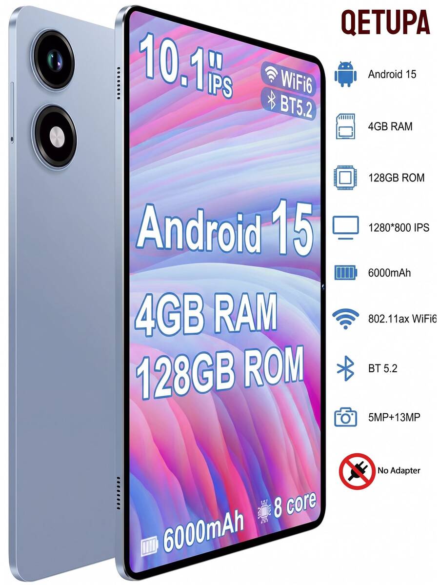 Qetupa 10.1 Inch Android 15 Tablet, 4GB RAM+128GB ROM, Quad-Core 1.3GHz Processor, 1280*800 HD IPS Touchscreen, BT5.2, WiFi5 802.11ac, GPS, 5MP Front Camera And 13MP Rear Camera, 6000mAh Battery, Power Adapter Not Included - Blue - View 1