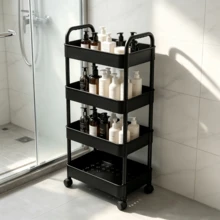 4-Tier Rolling Storage Cart With Handle, Mobile Multi-Function Organizer Rack, Breathable Hollow Design, Waterproof And Easy To Clean, Space-Saving Storage Trolley For Bathroom, Kitchen, Living Room, Garage, Office - Multiple Styles - View 5