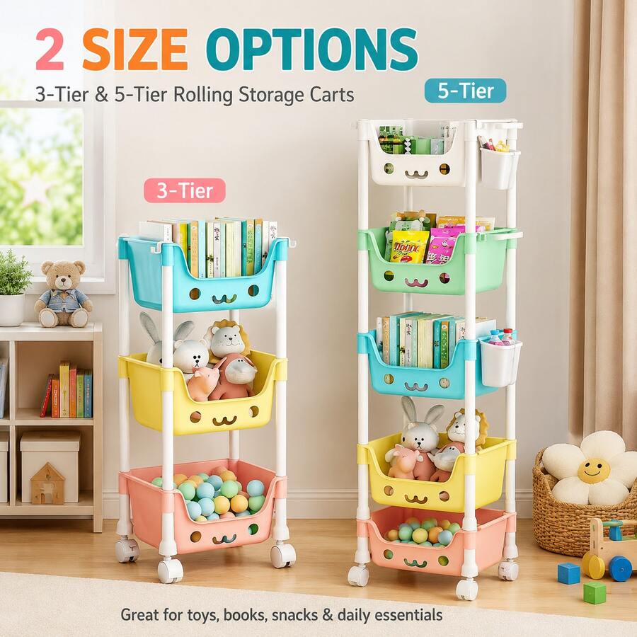 3-Tier & 5-Tier Rolling Storage Cart, Colorful Multi-Tier Toy Organizer With Wheels, Open Basket Storage Rack For Kids Room, Books, Snacks, Toys, Bedroom, Playroom & Nursery - View 1