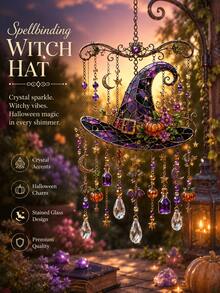 Light-Catching Hanging Wind Chime, Painted Glass Style Halloween Window Decor, Ghost Skeleton Witch Hat Black Cat Crystal Pendant, Home & Garden Decoration - A - View 8
