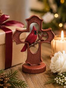 1pc Red Cardinal Figurine On Cross, Christmas Cardinal Bird Statue, Rustic Faith Tabletop Decor For Fireplace Mantel Shelf Bookshelf Living Room, Holiday Christian Home Decoration - Multiple Styles - View 9