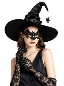 Set 1/3 buah Topi Penyihir Halloween, Sarung Tangan Renda, Topeng Mata Kelelawar, Cocok untuk Cosplay, Pesta Kostum, dan Pesta. - Hitam - View 1