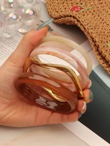 4件裝復古樹脂多色紋理壓克力手鍊，時尚百搭，適合女性日常配戴 - 彩色 - 查看 2