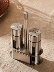 2 Buah Set Wadah Bumbu Stainless Steel dengan Rak, Dispenser Bumbu Garam & Merica Isi Ulang untuk Dapur, Meja Makan, BBQ, Pesta, Hari Nasional Saudi - Perak - View 5
